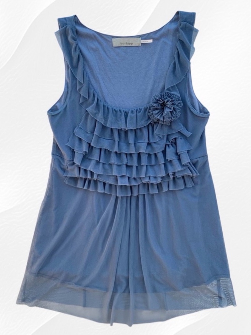Anthropologie Burlapp Dusty Blue Meshy Ruffle Sleeveless Blouse ~ Large